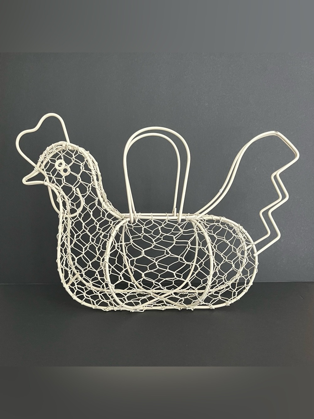 Vintage Chicken Metal Wire Egg Basket Ivory Farmhouse Chic Rustic Handles 14"
